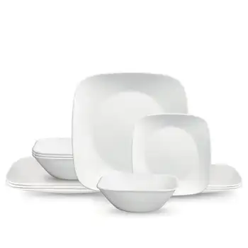 ®-Классический, чисто белый квадратный набор посуды из 12 предметов для домашнего ужина, наборы посуды и тарелок