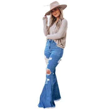 Женские Рваные джинсы-клеш С высокой талией, Свободные Прямые брюки, Широкие брюки, Женские Расклешенные Джинсы Y2K, Уличные брюки