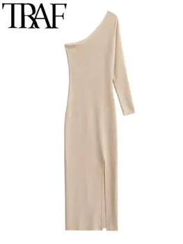 TRAF Tienda Женское асимметричное модное однотонное платье, повседневные тонкие платья с длинным рукавом и высокой талией, Vestidos 2023, осень