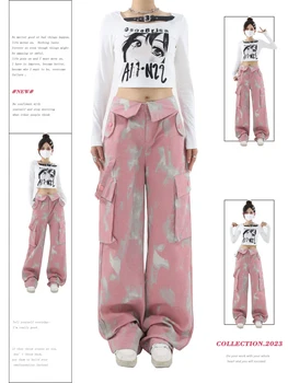 Женские винтажные Розовые прямые джинсы-карго Harajuku 2000-х, Y2k, Мешковатые Широкие джинсовые брюки 90-х, эстетичные ковбойские брюки, одежда 2023 г.