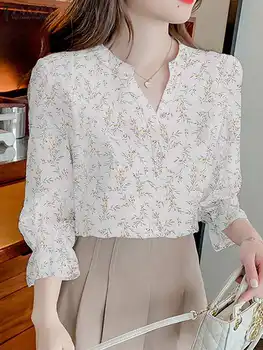 Элегантная женская блузка с V-образным вырезом и рукавами 3/4, богемная рубашка с цветочным принтом, ZANZEA, винтажные топы с оборками, повседневные праздничные блузки, сорочка