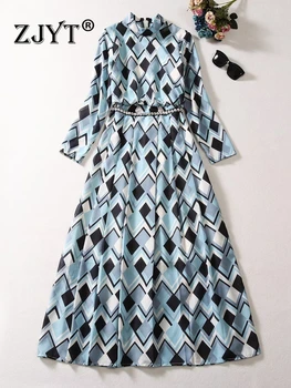 ZJYT Взлетно-посадочная полоса, модные осенние платья для женщин с длинным рукавом, Дизайнерские геометрические узоры, принт Миди, праздничные платья, повседневные