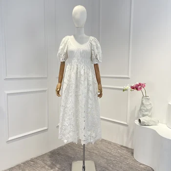 Белое Хлопковое платье Миди с открытой вышивкой и цветочным кружевом с рюшами на лифе для элегантных дам, новые поступления 2023 года