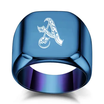 КОТиК, Большие квадратные синие кольца с инициалами из нержавеющей стали Для мужчин, Винтажное свадебное кольцо в стиле панк, Кольцо с 26 буквами, Мужские ювелирные изделия, подарки