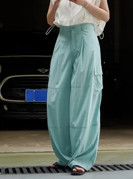 Летние женские повседневные однотонные брюки с высокой талией и карманом, украшенные декором, Свободные широкие брюки