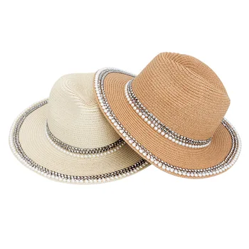 Модная летняя женская кепка, соломенная шляпа с широкими полями, жемчужная шляпа для девочек, панама, солнцезащитная кепка, пляжные шляпы Gorras Sombreros De Mujer
