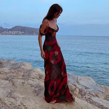 Длинное платье Макси с прозрачным сетчатым принтом, женское Сексуальное пляжное платье с кружевной спинкой, летнее пляжное платье без рукавов, клубная пляжная одежда для вечеринок 2023 г.