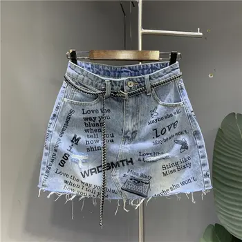Женская джинсовая мини-юбка с буквенным принтом, женские летние джинсовые шорты с высокой талией, юбки трапециевидной формы, сексуальная уличная Корейская панк-одежда