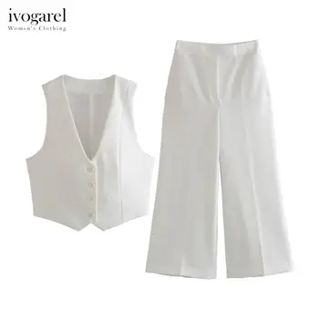 Короткий жилет Ivogarel, сшитый на заказ, и брюки-кюлоты с высокой талией, женский жилет с V-образным вырезом и застежкой на пуговицы и широкие брюки