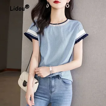 Французский стиль, цветной блок, деревянный край уха, решетчатая шифоновая рубашка, женская летняя Корейская версия, свободная блузка с круглым вырезом и коротким рукавом