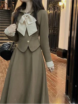 Комплект винтажного женского платья, элегантная однотонная юбка и пальто во французском стиле, костюм из 2 предметов, отложной воротник с длинным рукавом