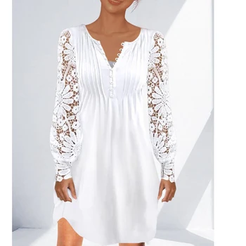 Летнее белое платье Женское Элегантное прозрачное с длинным V-образным вырезом Повседневная уличная одежда большого размера с кружевной отстрочкой Женская мини-юбка