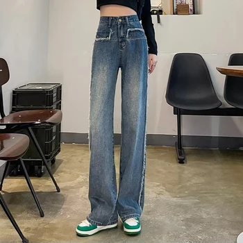 Женские джинсы Gidyq Y2K с высокой талией, модная уличная одежда, широкие брюки с кисточками, Корейские повседневные Женские свободные Прямые джинсовые брюки