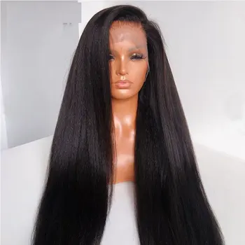 Яки Кудрявый парик из прямых синтетических волос на кружеве, Бесклеевое высококачественное термостойкое волокно, натуральная линия роста волос для чернокожих женщин