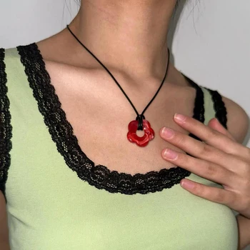 Ретро уникальное Мраморное розовое черное красное ожерелье с подвеской в виде цветка, большой цветок ручной работы, Массивное красочное цветочное Ожерелье, изящное колье