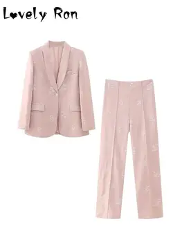 Элегантный Розовый блейзер с вышивкой, комплекты с длинными брюками для женщин, 2 предмета, шикарный жакет, свадебные брючные костюмы, женский вечерний брючный костюм