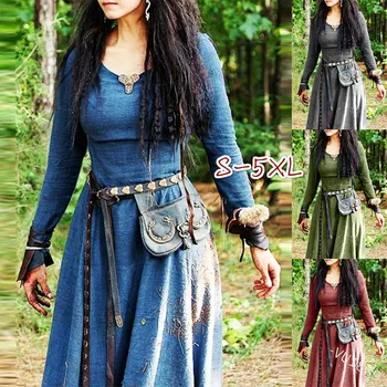 Средневековое платье на Хэллоуин, женское Макси-платье с длинным рукавом, винтажное платье Феи-эльфийки, Ренессансная Кельтская одежда викингов, готическая одежда для косплея