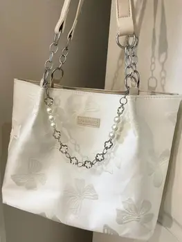 Женские холщовые сумки с вышивкой бабочками, Корейская простая универсальная сумка на цепочке, модная сумка-тоут Ins