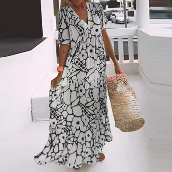 Женское длинное платье в стиле Бохо с винтажным рисунком, весеннее Свободное офисное женское платье с V-образным вырезом, Летние пляжные макси-платья трапециевидной формы с коротким рукавом
