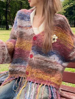 Милые вязаные свитера для женщин, уличная одежда с длинным рукавом, Корейский модный кардиган с кисточками, V-образный вырез, 2023, Новые осенне-зимние пальто