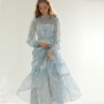 Дизайнерские платья Chaney runway синего цвета с цветочным узором миди и рюшами с круглым вырезом, шикарные платья в стиле бохо для вечеринок, vestidos traf robe de mujer