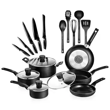 Кухонная посуда для кастрюль и сковородок из 20 предметов, Черное Антипригарное покрытие, Термостойкая (Черная)