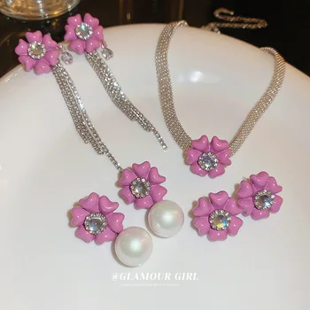 Корейский Набор сережек и ожерелий в виде Розового цветка, Милое Модное ожерелье-цепочка в форме цветка в форме сердца, универсальный набор жемчужных украшений