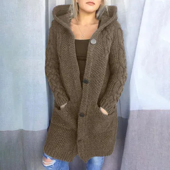 Осенне-зимнее женское теплое длинное пальто-свитер 2023, Модное женское пальто средней плотности с капюшоном, женский вязаный кардиган