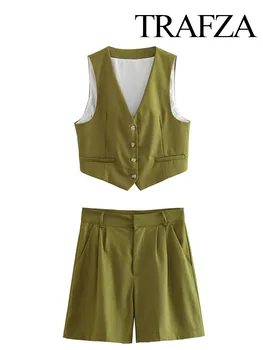 Женская льняная одежда TRAFZA, однобортный жилет, комплект, Жилет + Тонкие однотонные шорты с высокой талией, Женская повседневная уличная одежда