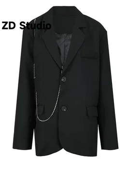 [ZD Studio] Женский блейзер с белой металлической цепочкой, Новый отворот, длинный рукав, куртка свободного кроя, Весна-осень 2023 г.