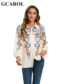 Женская рубашка GCAROL с цифровым цветочным тотемом, офисная леди, элегантная модная винтажная блузка с эластичными манжетами, уличная одежда, топ 4 сезона