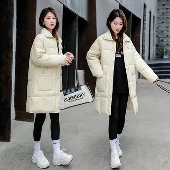 Женские парки 2023 Пуховое хлопчатобумажное пальто для студенток средней длины в корейском стиле с большим карманом, однобортная Универсальная утепленная верхняя одежда