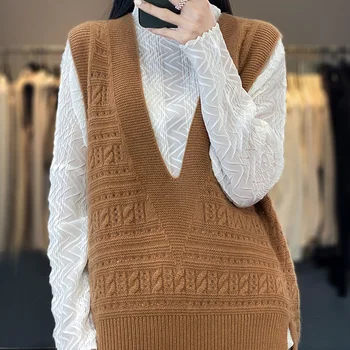 Морозостойкий жилет с V-образным вырезом, 100% шерсть, женская трендовая темпераментная блузка, однотонный свитер, осенне-зимний пуловер