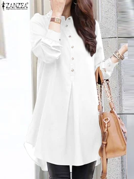 Модная Длинная рубашка ZANZEA, женская блузка с лацканами и длинным рукавом, осенние Однотонные топы на пуговицах, стильные кружевные блузки в стиле пэчворк, Праздничная туника