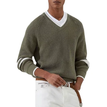 Мужские свитера больших размеров, осень 2022, Новые трикотажные свободные свитера с V-образным вырезом в полоску