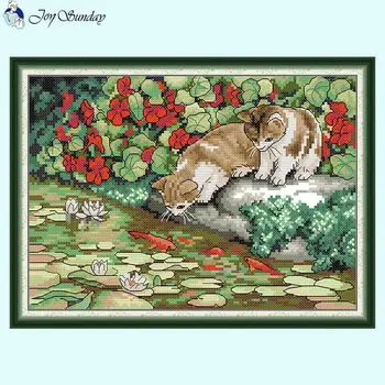 Набор для вышивания крестиком с рисунком кота и рыбки Joy Sunday, 14-каратный белый, 16-каратный 11-каратный холст, напечатанная вышивка, Детский набор для ручного шитья 