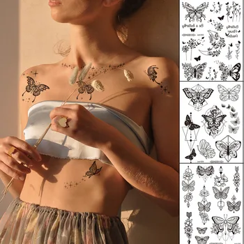 Временные татуировки хной, наклейки с черной бабочкой и розой, флеш-тату, женская Сексуальная шея, рука, Грудь, боди-арт, поддельные татуировки