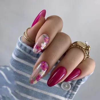 24шт Розово-миндальные накладные ногти Цветок Ретро с французским дизайном Носимые накладные ногти Простое полное покрытие, нажимаемое на кончики ногтей Искусство