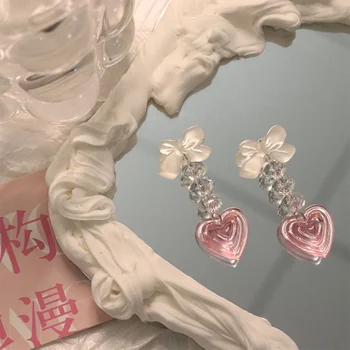 Винтажные розовые серьги-кисточки Y2K с персиковым сердечком в виде сердца для женщин, Корейские серьги с бантом, модные украшения из смолы, кристалл 90-х годов, длинные