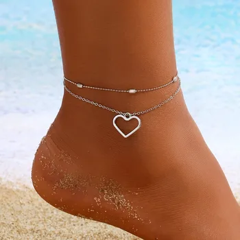 Женские летние ножные браслеты с подвесками в виде сердца, Богемный многослойный браслет на лодыжке со стразами, Бохо, Пляжный браслет для ног, модные украшения