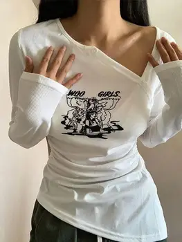 Женские летние топы на пуговицах нестандартной формы с буквенным принтом, с длинным рукавом, асимметричным V-образным вырезом, тонкие футболки в рубчик