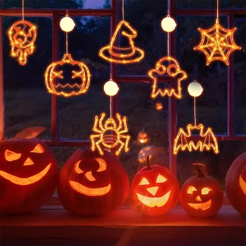 Декор для Хэллоуина, подсветка окон, Оранжевая тыква, подвесной светильник в виде паука с присоской для украшения помещений на Хэллоуин