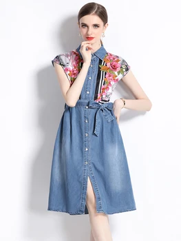 2023 Новое Летнее Элегантное джинсовое платье в стиле пэчворк с цветочным узором для женщин, модное платье трапециевидной формы с отложным воротником и поясом, Vestidos
