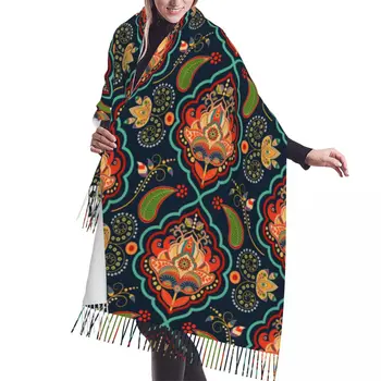 Красочный шарф с этническим абстрактным геометрическим принтом, зимние длинные шарфы с большими кисточками, мягкая обертка из пашмины