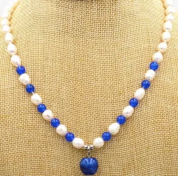 Красивое ожерелье с подвеской в виде яблока из белого жемчуга 7-8 мм и синего сапфира 8 мм (12 мм) 18 дюймов