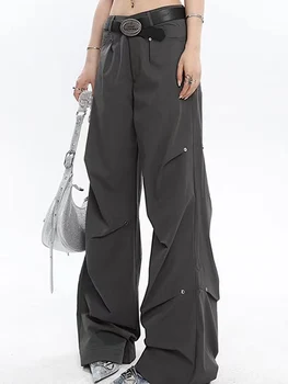 Женские широкие брюки-карго с заклепками, модные свободные складные карманы, длинные брюки из боттона, повседневные универсальные нейлоновые уличные брюки