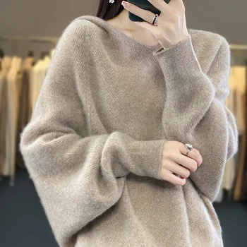 Осень-Зима, новый женский свитер из 100% шерсти, Классический Модный женский однотонный вязаный пуловер с капюшоном, свободный Мягкий вязаный джемпер