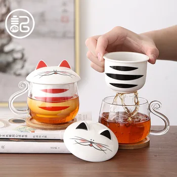 С крышкой, фильтр для воды, графин из термостойкого стекла, милая кружка в японском стиле, Чашка для воды для девочек Lucky Cat, Офисная чайная чашка, посуда для напитков