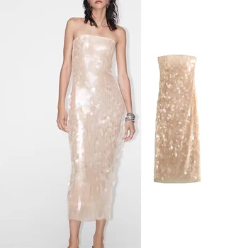 TRAF 2023 Женское платье Миди с открытыми плечами, платья с перламутровыми пайетками, женские Летние вечерние платья с открытой спиной, Элегантное ночное платье