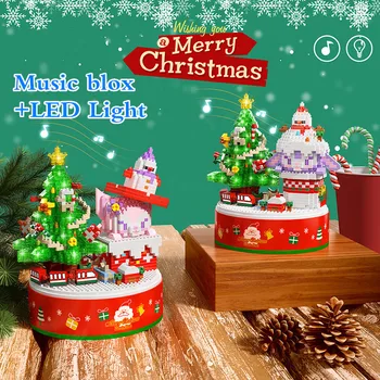 Мини-блоки, рождественские товары, Строительные кирпичи со светодиодной подсветкой, музыкальная шкатулка, Мультяшные фигурки Санта-Клауса, забавные детские игрушки, подарок для девочек